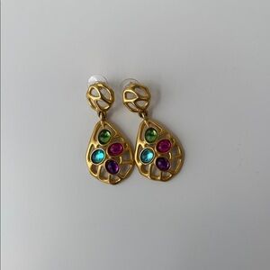 Vtg Goldtone Colorful Multicolor Gemstone Pierced Earrings